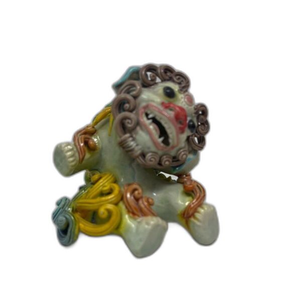 Vintage Guardian Foo Dog Chinese Asian Wu Cai Porcelain Koji Pottery PAIR Dragon - Picture 3 of 16